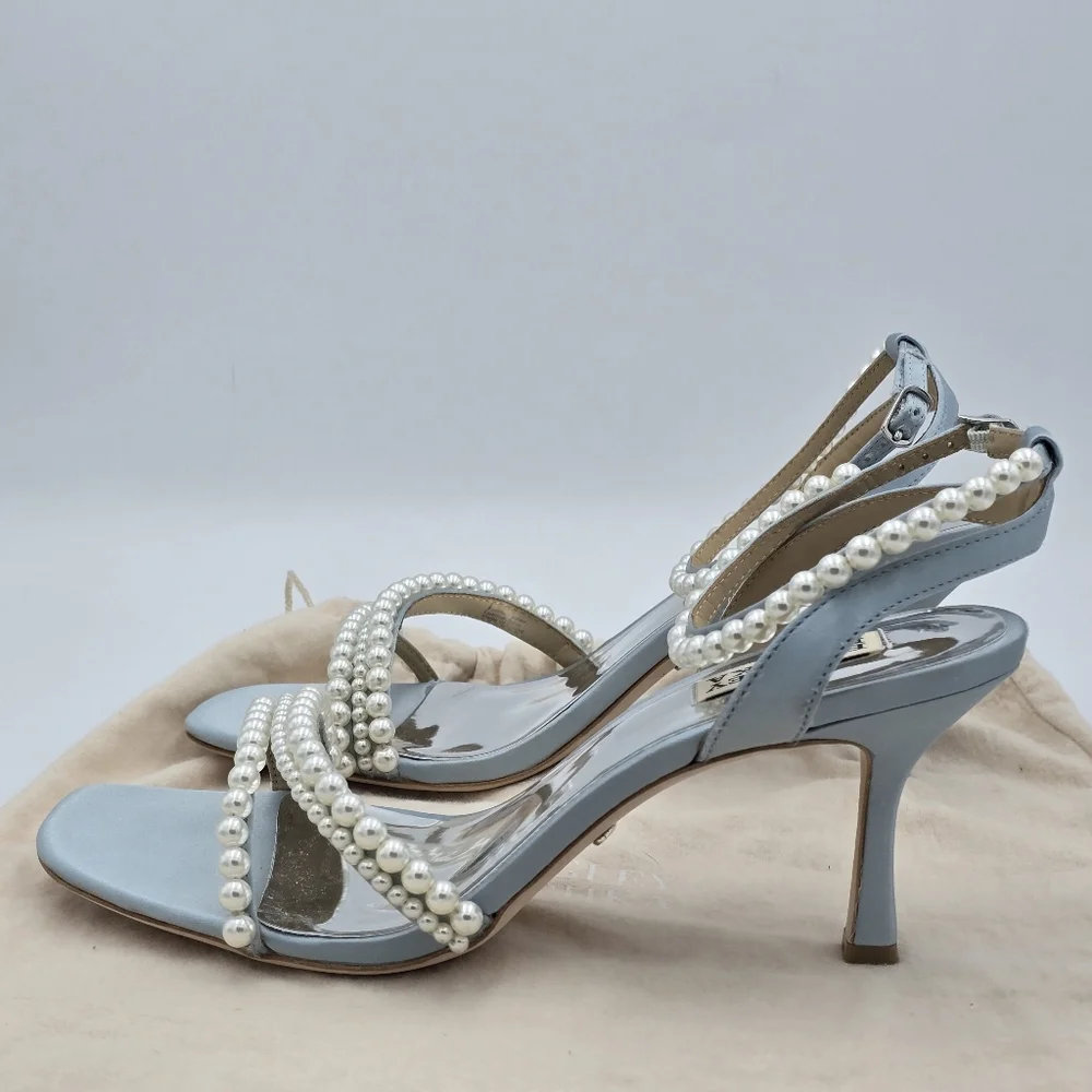 Badgley Mischka Flame Pearl Kitten Heel Sandals, Mist Blue Satin, Women's Sz 9.5 - Picture 6 of 16